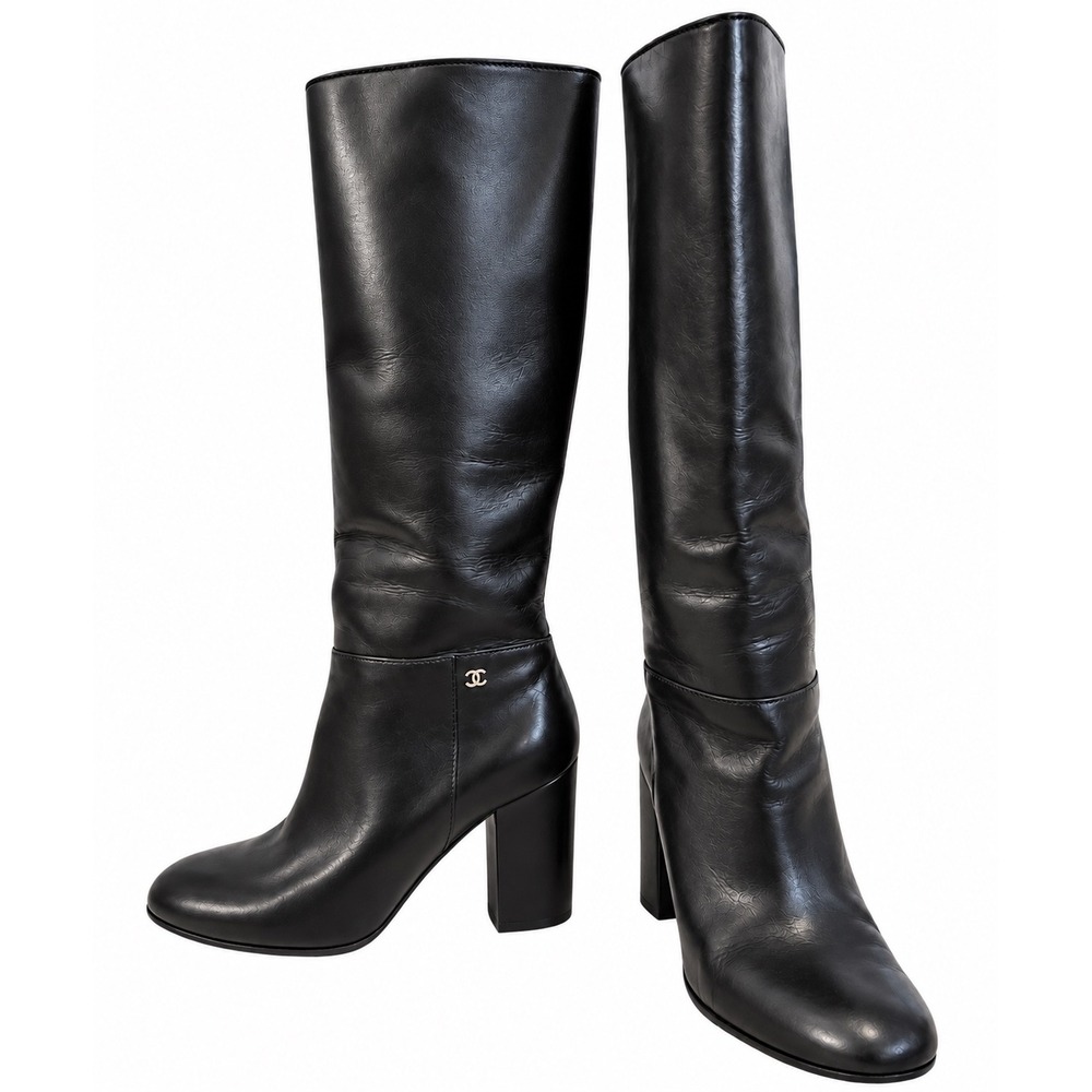 Chanel Black Leather Tall Knee High Boots CC Logo Block Heel G28695 EU 40
